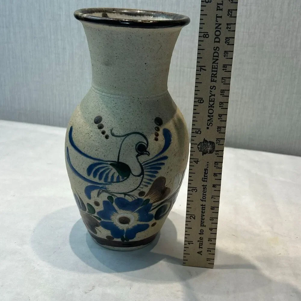 Tonala Pottery Vase Mexico Bird Flowers Folk Art Handmade Sandstone Beige Brown